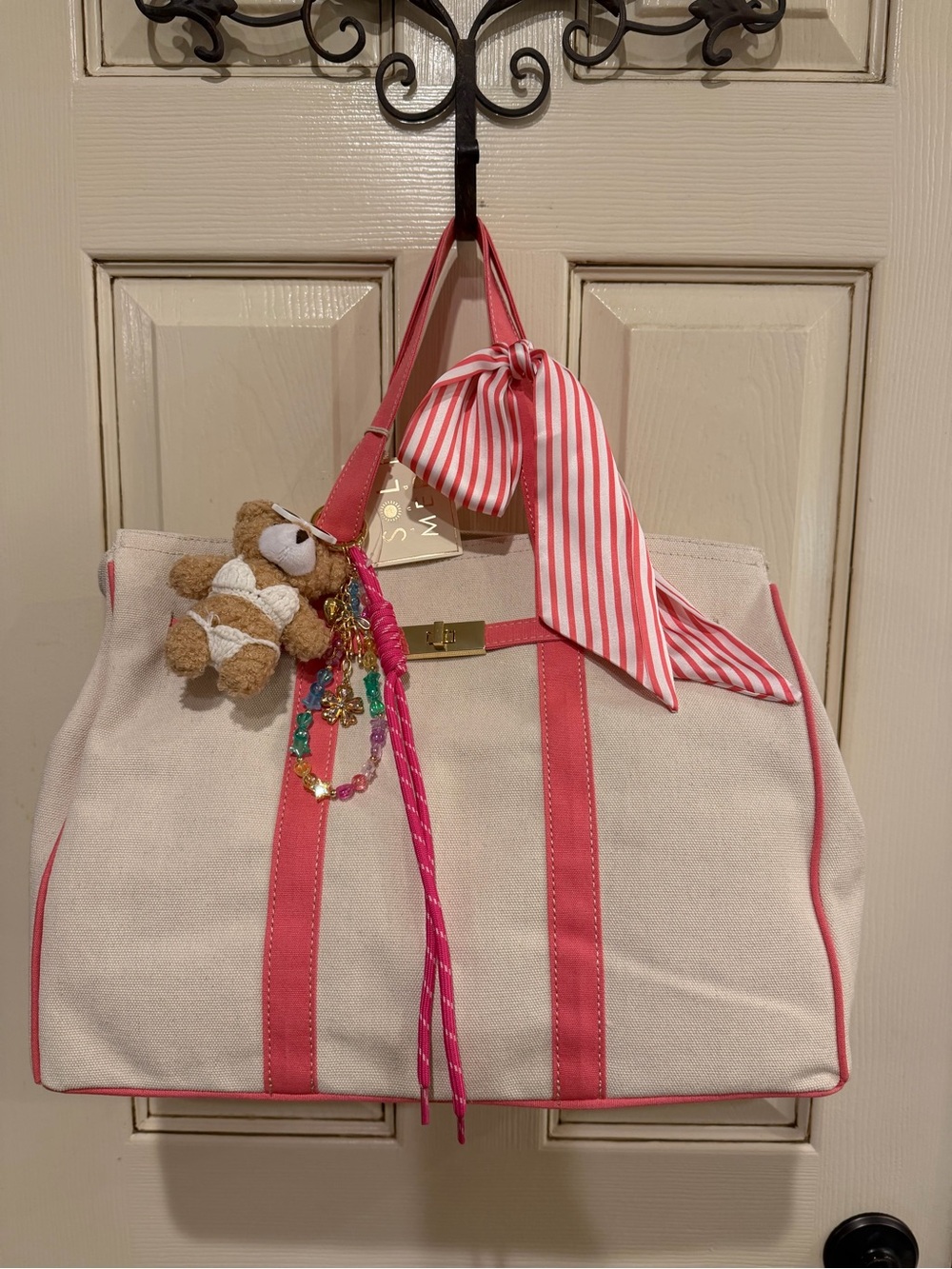 Canvas Tote with Pink Trim and Striped Bow Accent and bikini bear/bag charms